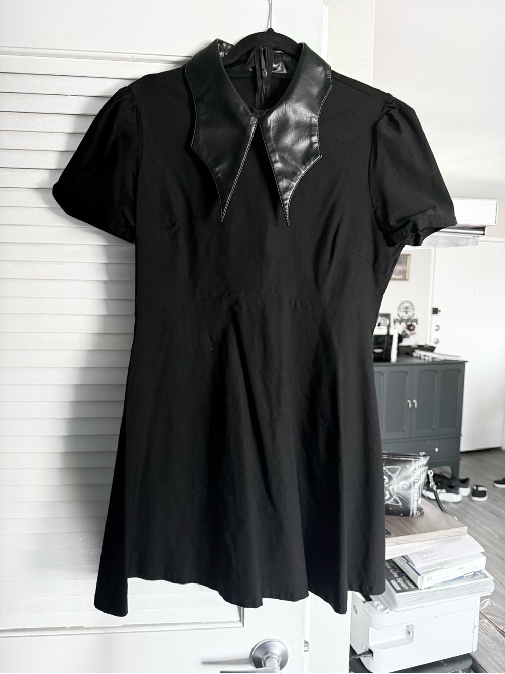 Killstar Carpe Noctem Black Dress XL Gothic Faux Leather Collar Puff Sleeve